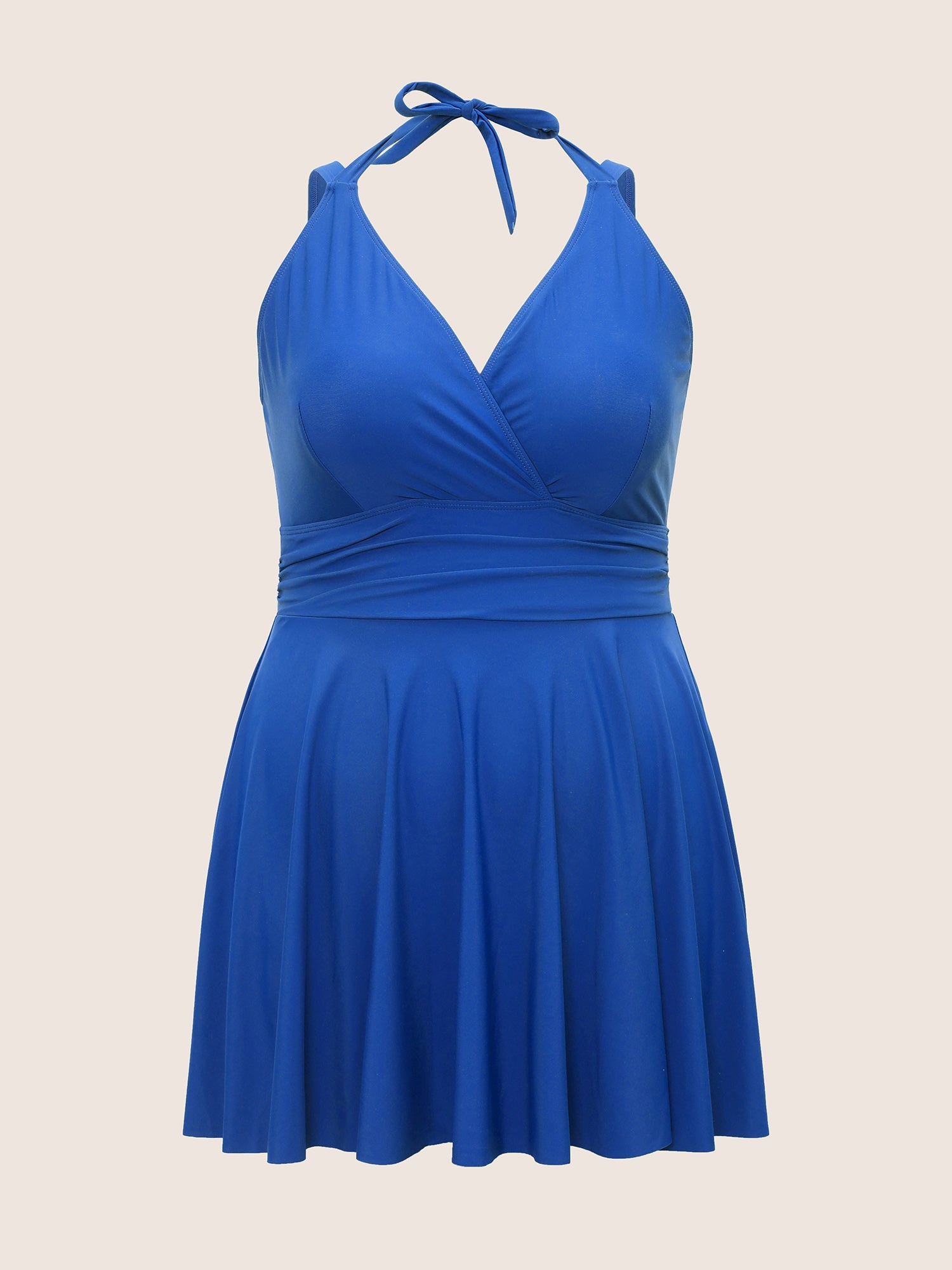 Solid Ruffle Hem Empire Waist Halter Neck Swim Dress