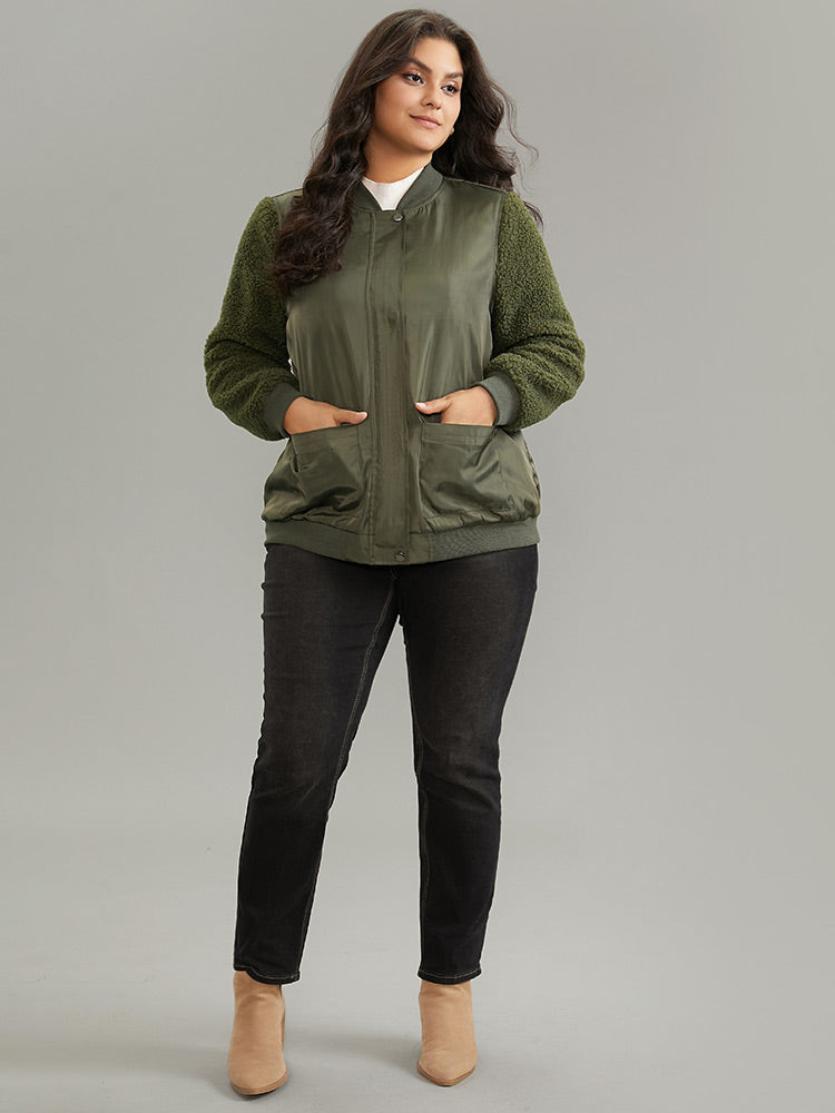 Plain Fuzzy Patchwork Zipper Flap Pocket Jacket