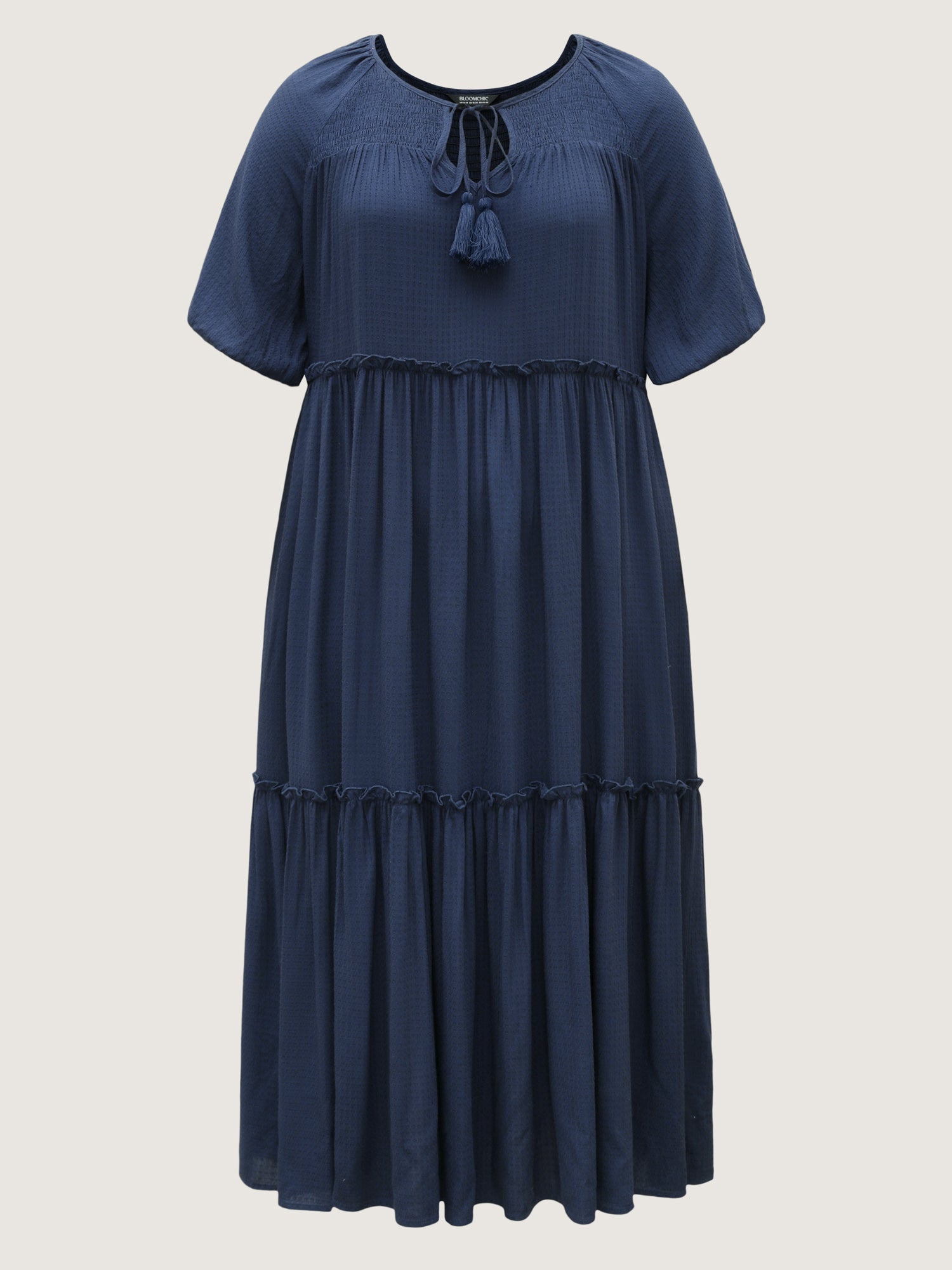 Shirred Neck Tie Tiered Puff Sleeve Dress