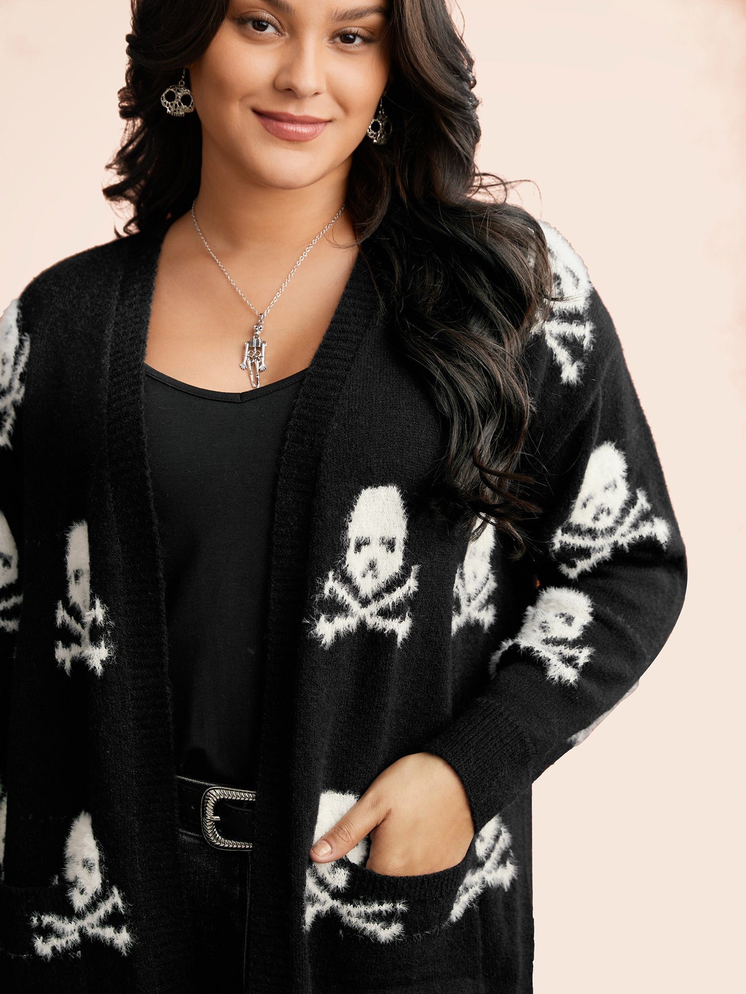 Skull Pattern Plus Jacquard Open Cardigan