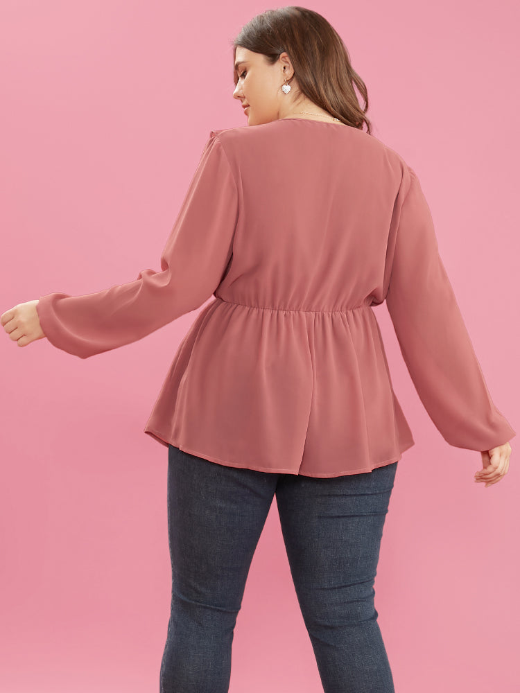 Solid Lantern Sleeve Pleated Ruffle Trim Wrap Blouse