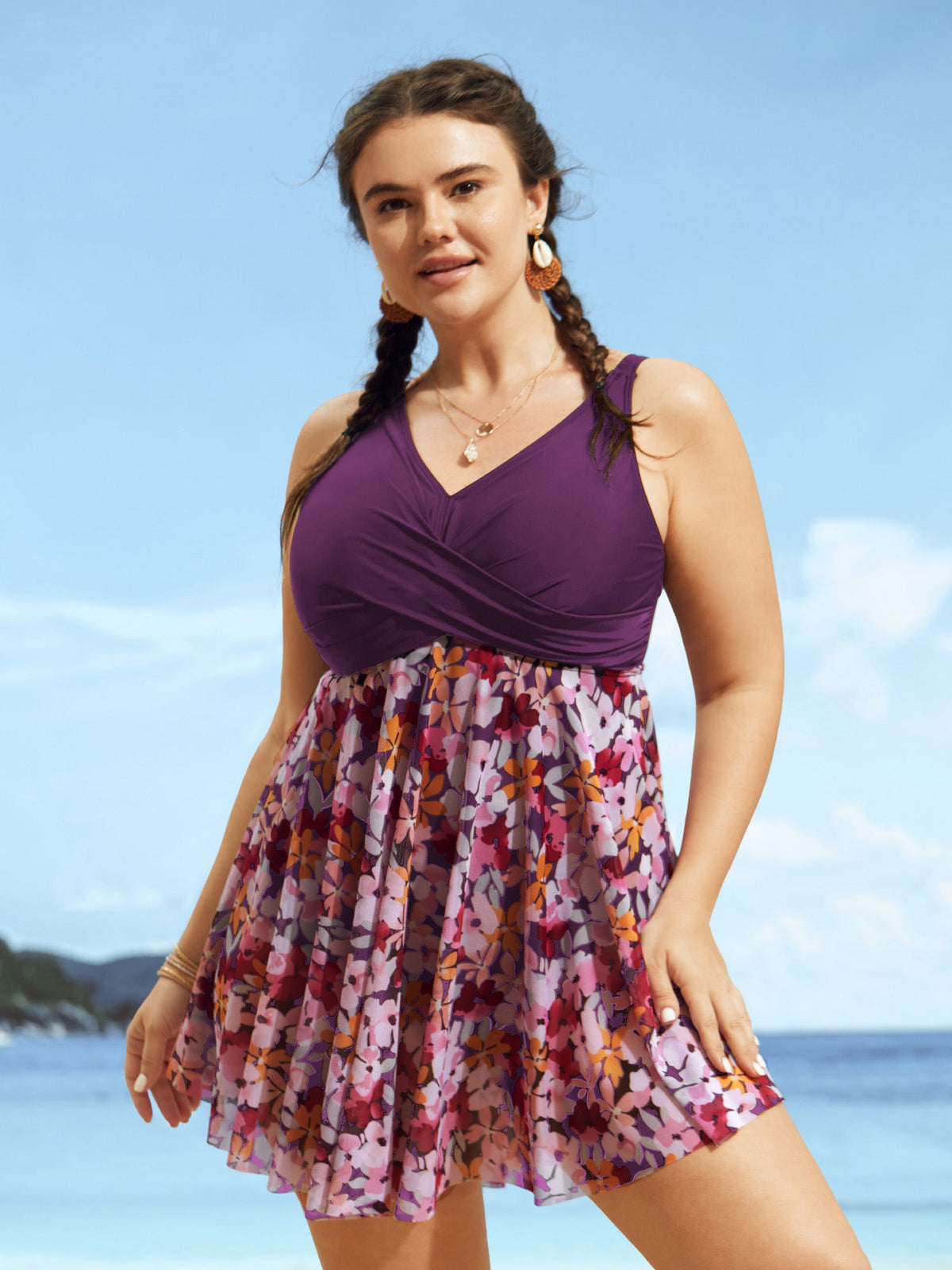 Floral Patchwork Mesh Crossover Swim Dress