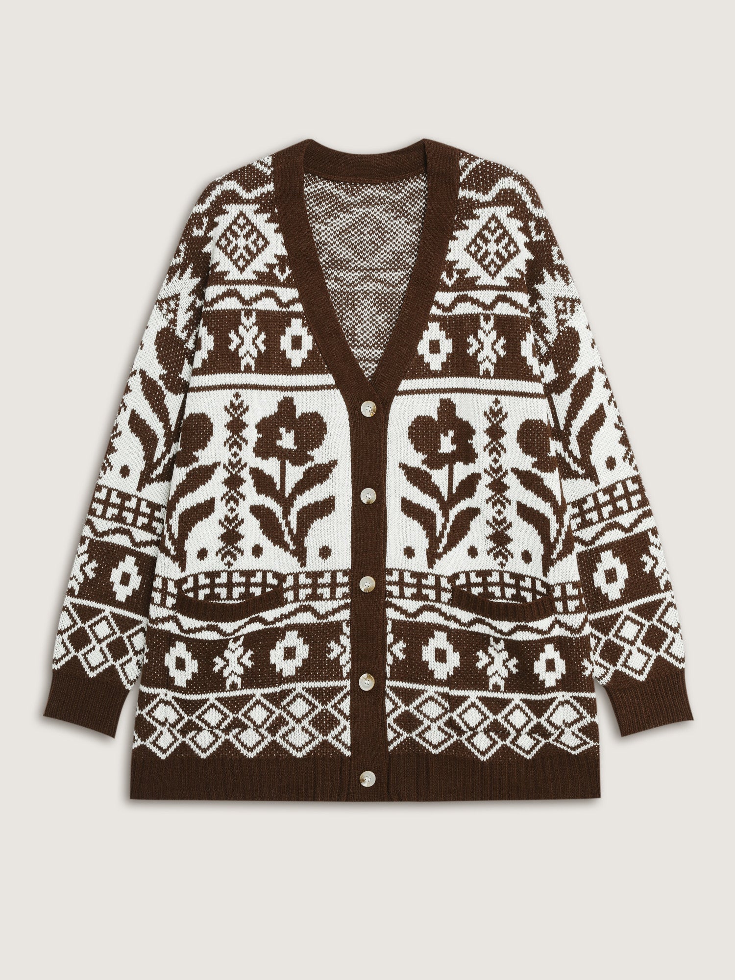 Floral Pattern Pockets Button Knit Cardigan