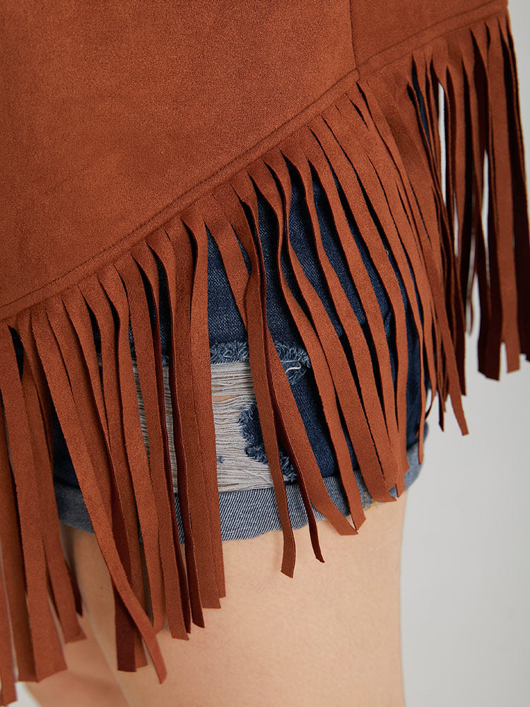 Plain Laser Cut Tassel Trim Sleeveless Kimono