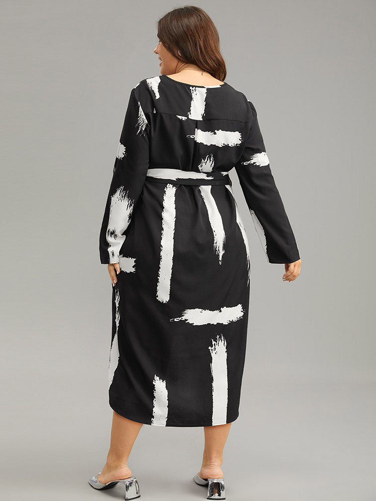 Brush Print V Neck Belted Tab Sleeve Dress