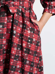 Snow Checkered Print Shirred Midi Dress