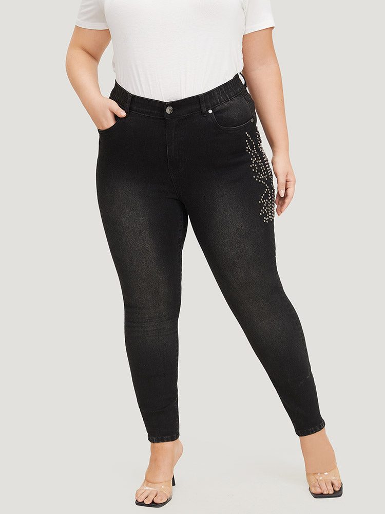 Beaded Detail Pocket Very Stretchy Black Wash Jeans