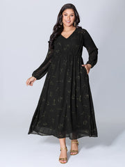 Shimmery Hot Stamped Shirred Pockets Party Dress