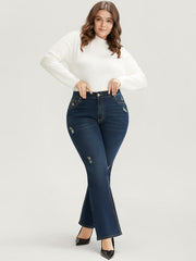 Bootcut Slightly Stretchy High Rise Dark Wash Distressed Jeans