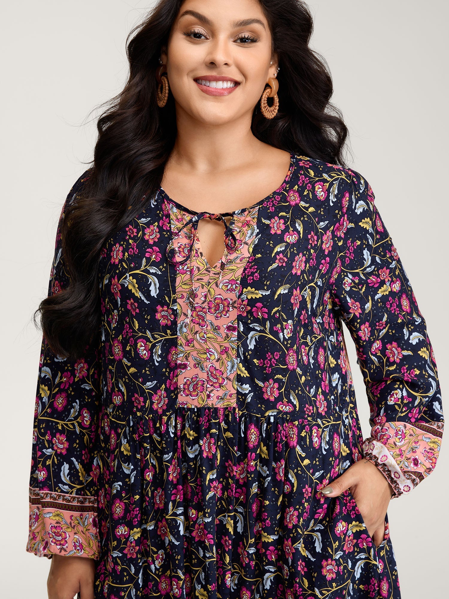 Floral Print Pockets Adjustable Neckline Maxi Dress