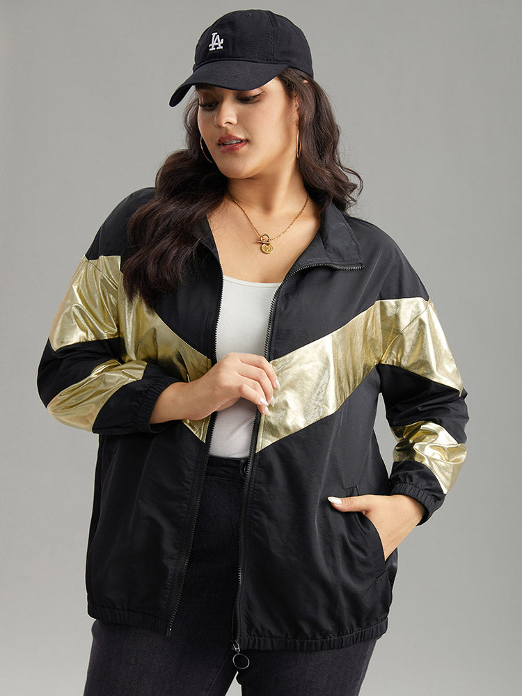 Geometric Patchwork Contrast Zipper Jacket