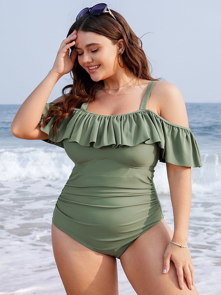 Ruffles Trim Sculpt Waist Cold Shoulder One Piece Swimsuit