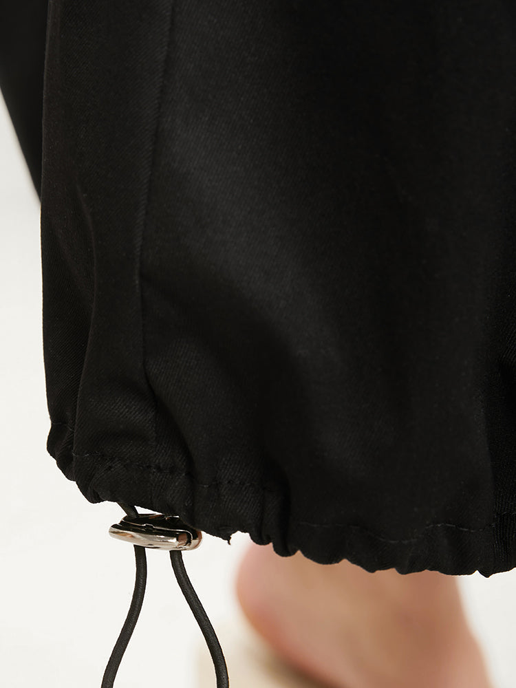 Solid Pocket Button Detail Drawstring Hem Skirt