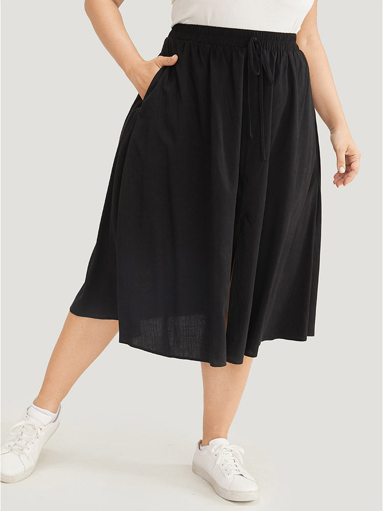 Solid Pocket Knot Elastic Waist Split Hem Skirt