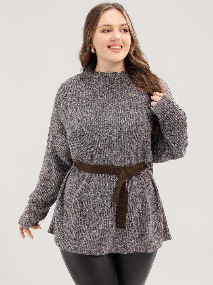 Solid Pointelle Knit Mock Neck Belted Heather Knit Top