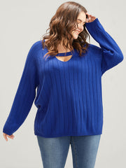 Solid Pointelle Knit Cut Out Split Hem Rib Knit Top