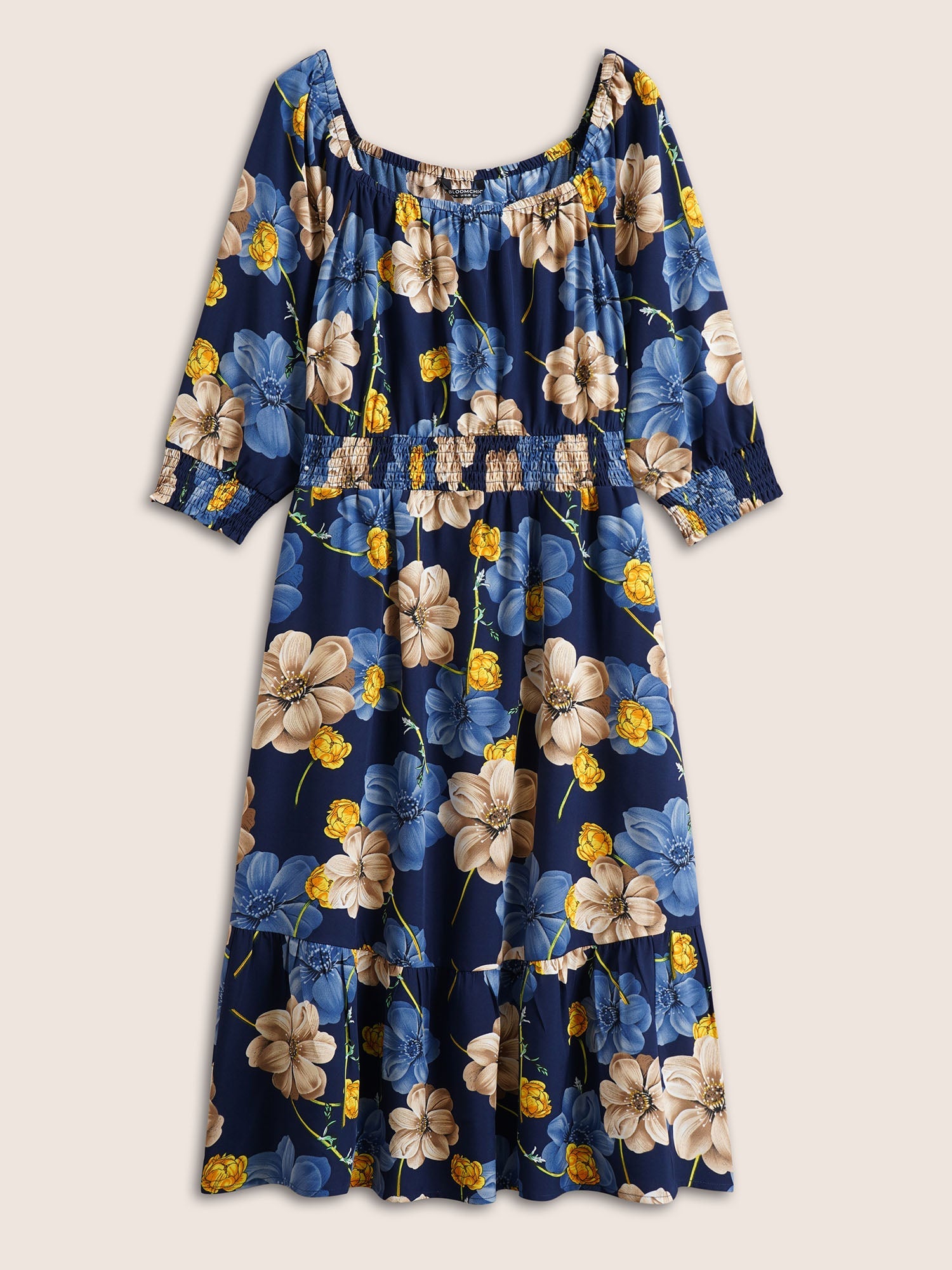Floral Print Square Neck Shirred Cuffs Dress