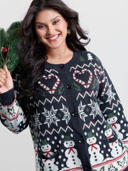 Snowman Holiday Jacquard Pockets Knit Cardigan