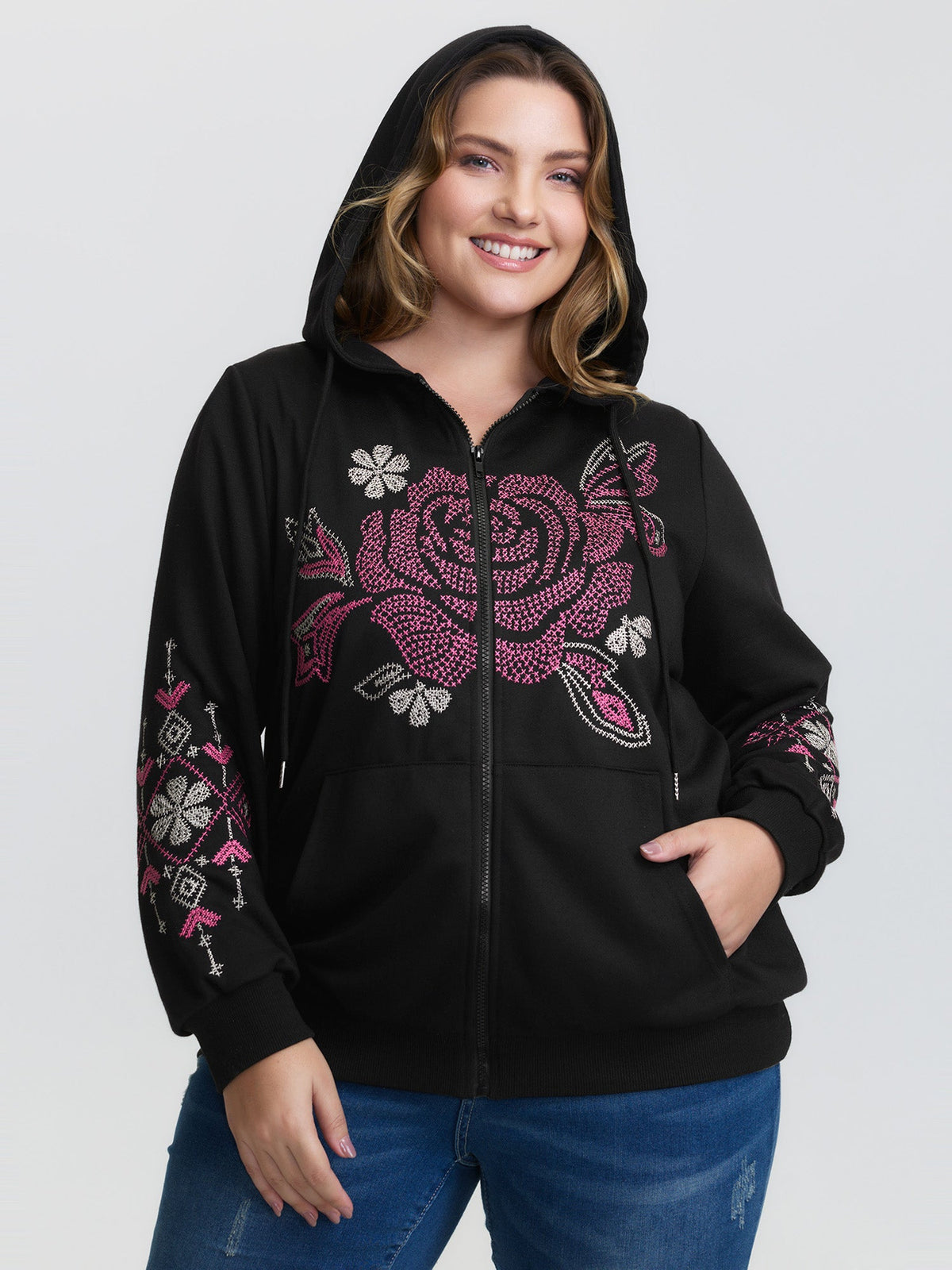 Nostalgic Rose Embroidery Drawstring Hoodie