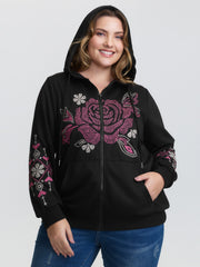 Nostalgic Rose Embroidery Drawstring Hoodie
