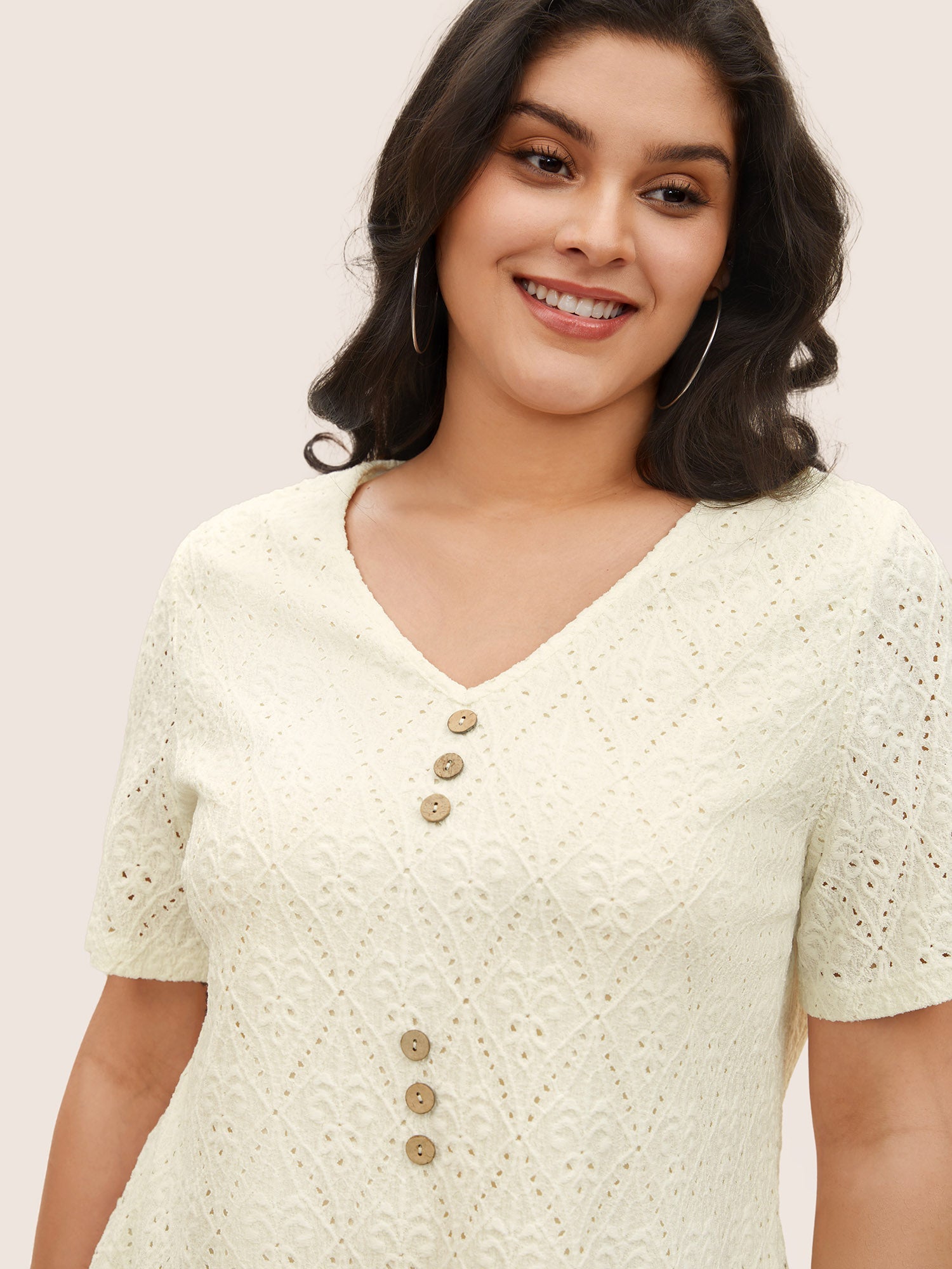 Solid Plisse V Neck Button Detail T-shirt