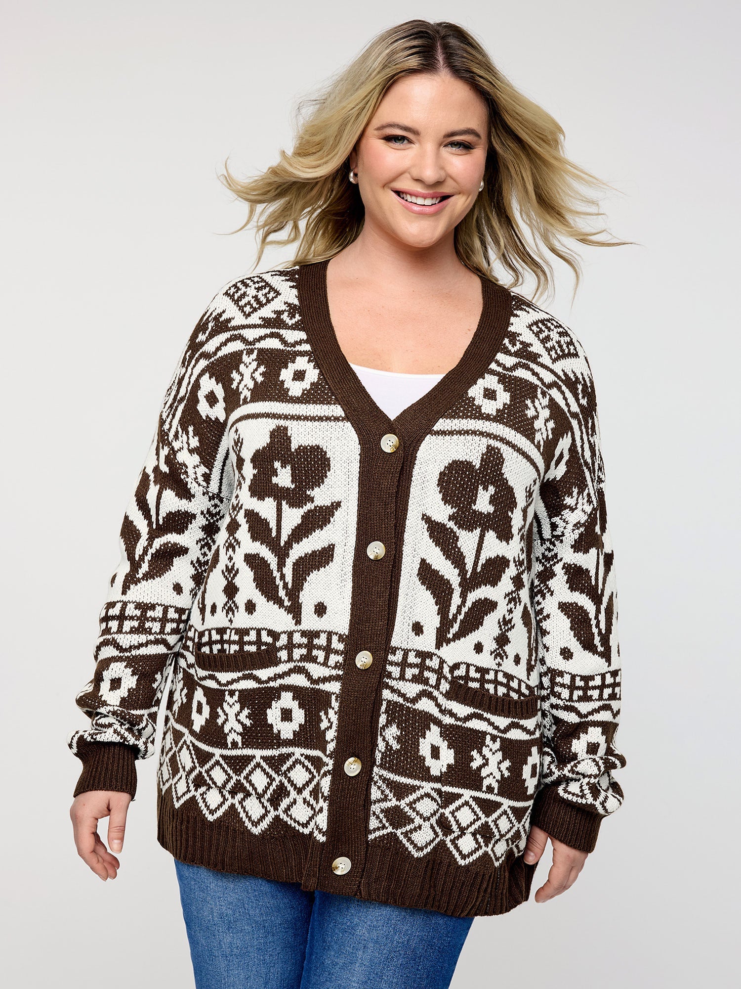 Floral Pattern Pockets Button Knit Cardigan