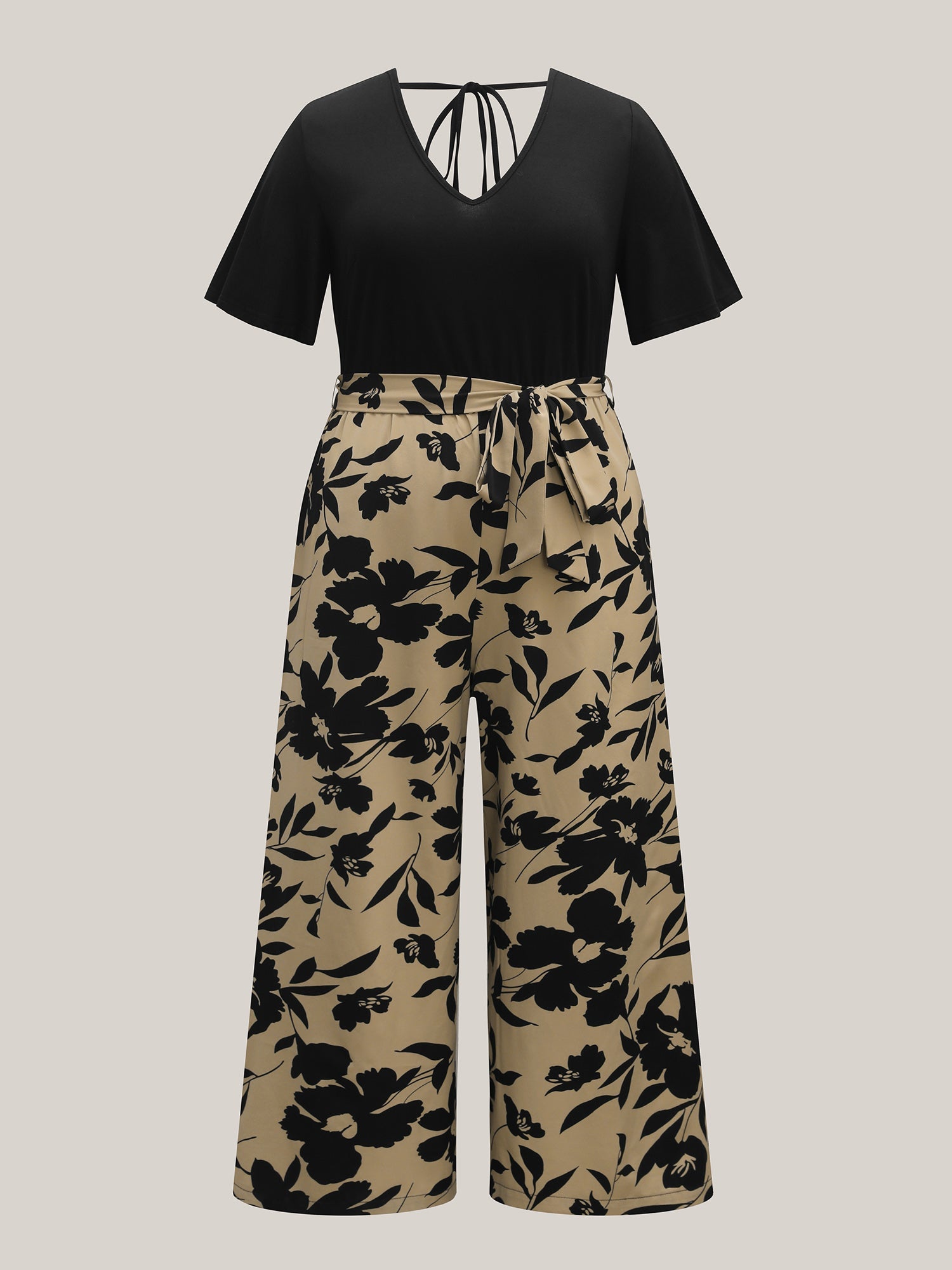 Floral Print Spliced Belted Wide-Leg Jumpsuit
