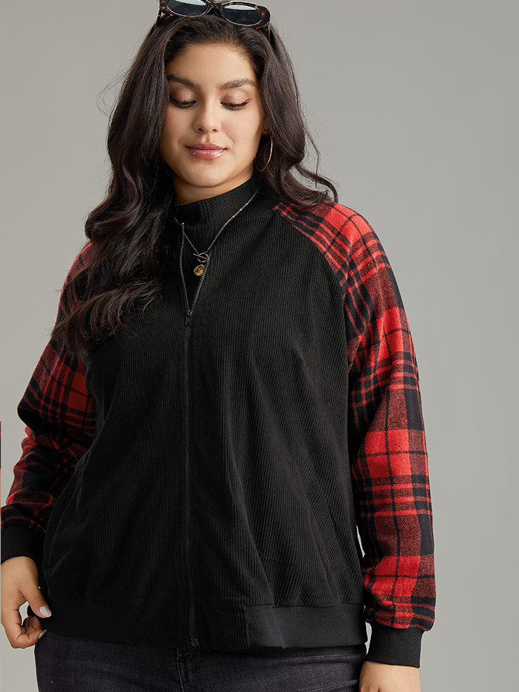 Plaid Patchwork Zipper Pocket Bomber Jacket