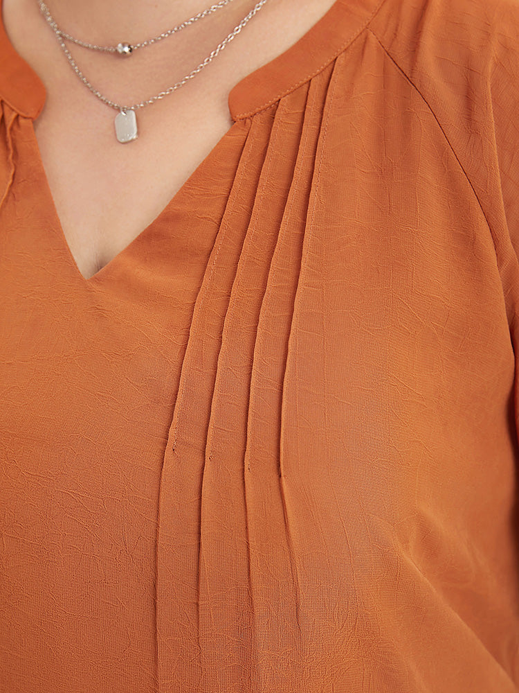 Solid Notched Pleated Mesh Raglan Sleeve Blouse