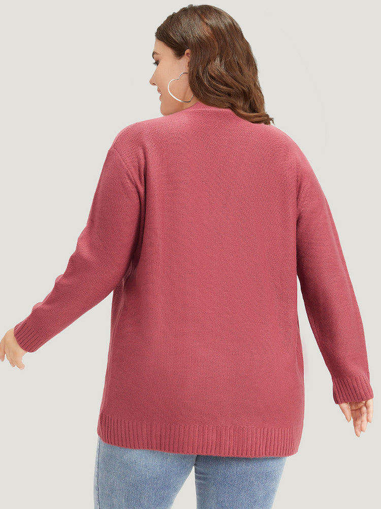 Solid Patched Pocket Open Front Long Sleeve Cardigan