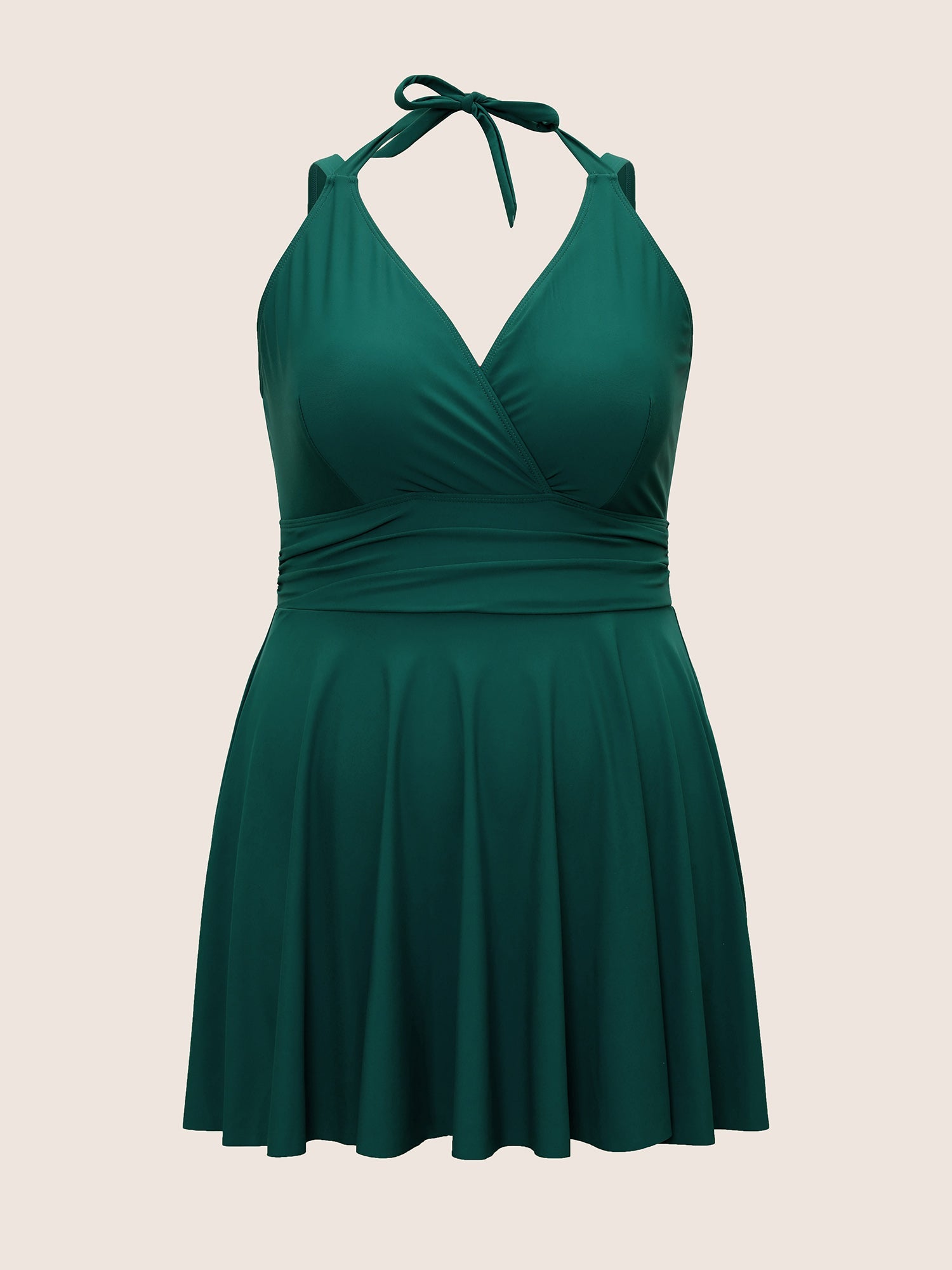 Solid Ruffle Hem Empire Waist Halter Neck Swim Dress