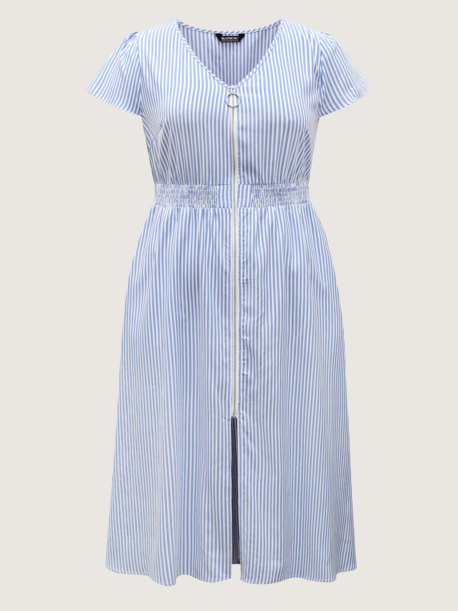 Striped Zipper Front Shirred Waist Midi Dress