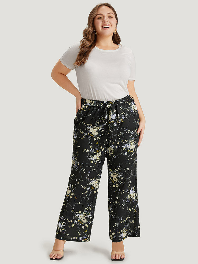 Floral Print Pocket Belted Pants