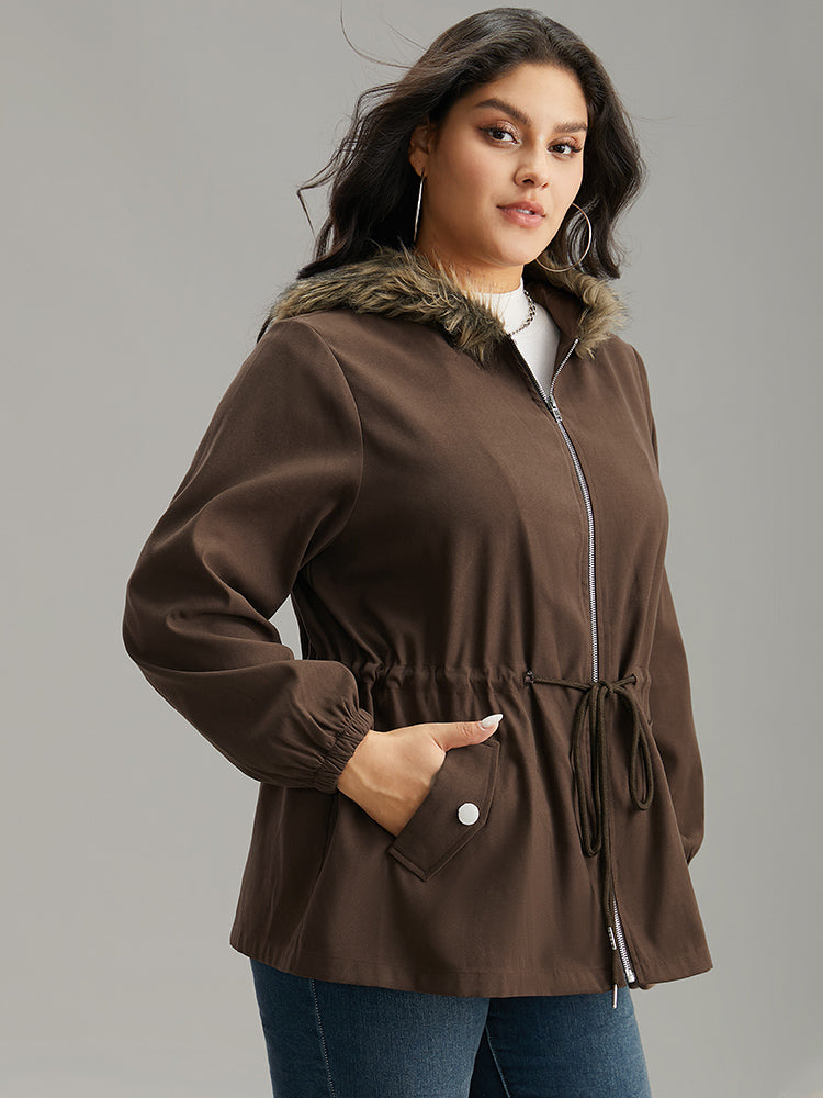 Fuzzy Trim Patchwork Zipper Drawstring Buckle Detail Jacket