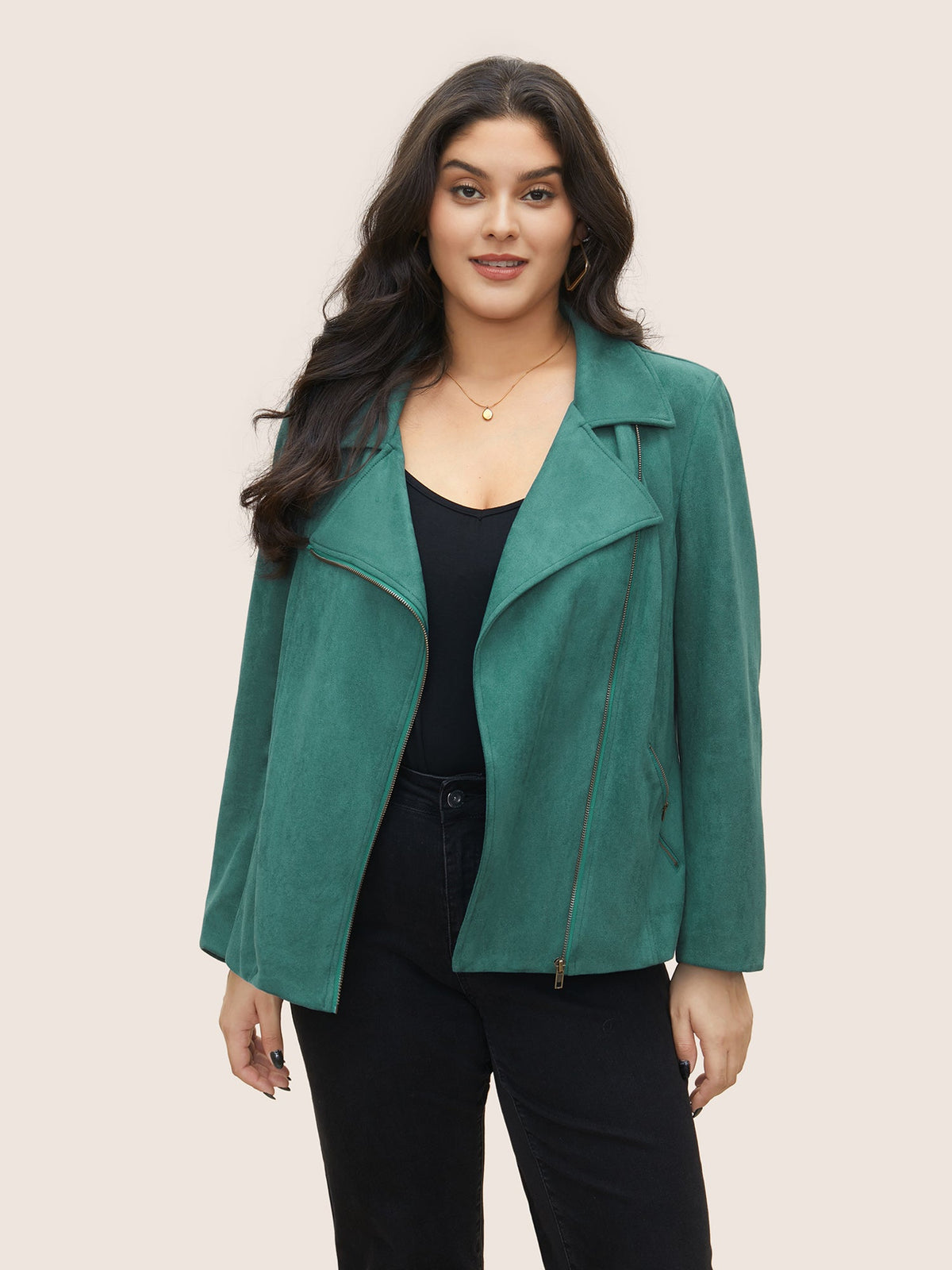 Solid Faux Suede Zipper Lapel Collar Jacket