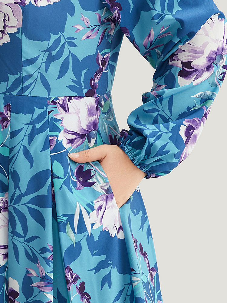 Floral Print Pleated Flutter Zipper Dress