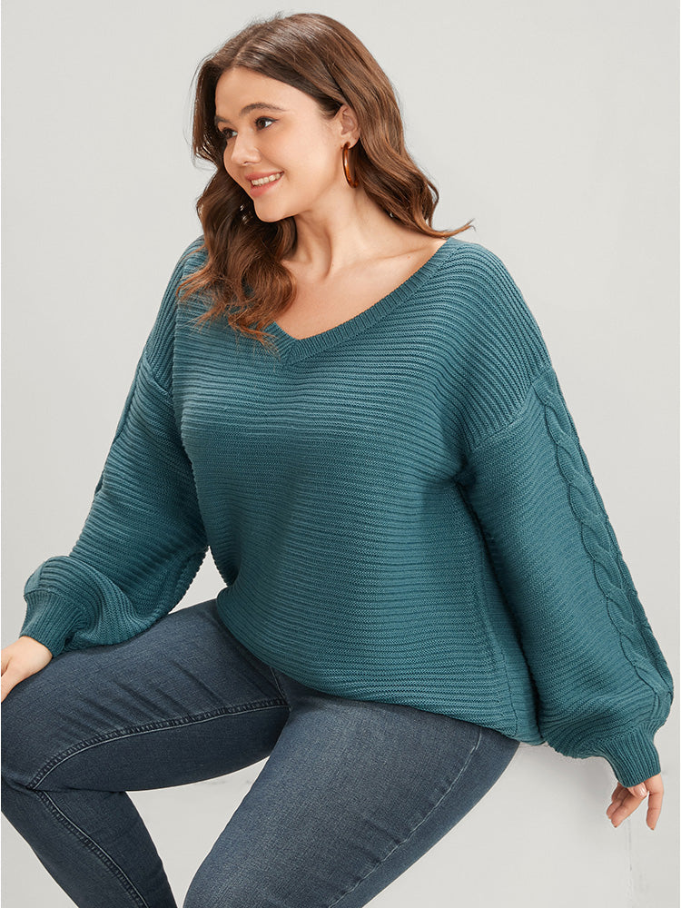 Solid Pointelle Knit V Neck Lantern Sleeve Cable Knit Top