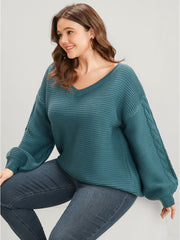 Solid Pointelle Knit V Neck Lantern Sleeve Cable Knit Top