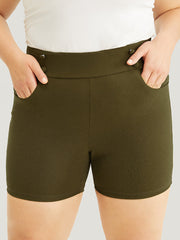 Solid Elastic Waist Button Detail Pocket Shorts
