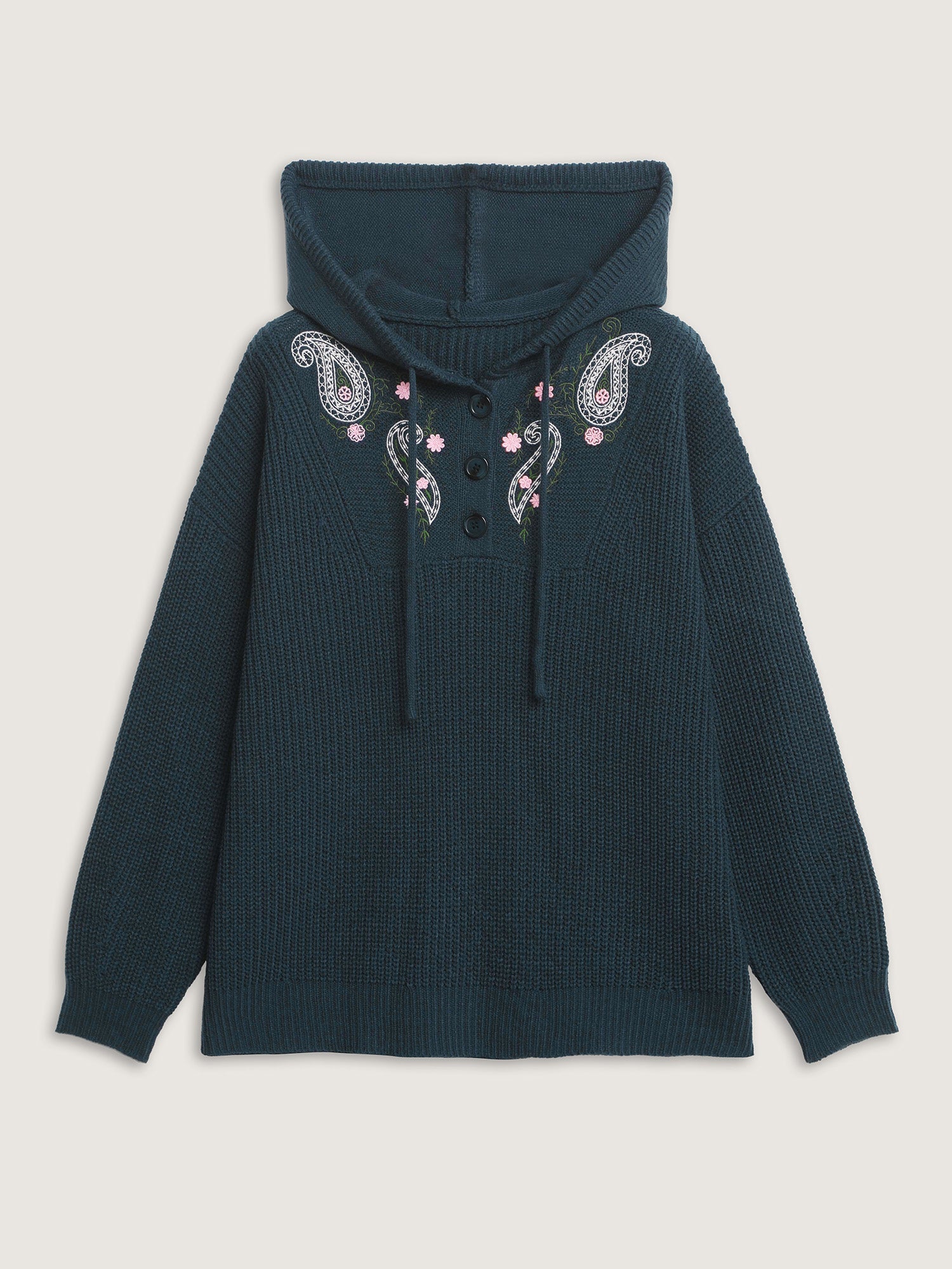 Floral Embroidery Hooded Textured Pullover