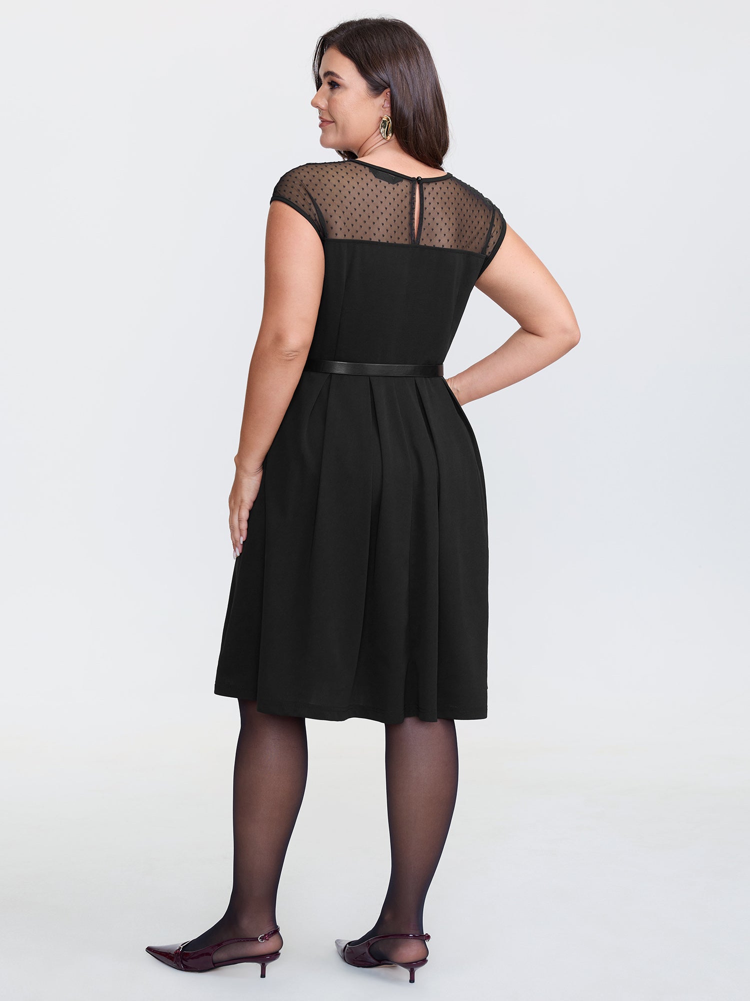 Sheer Polka Dots Neckline Belted Midi Dress