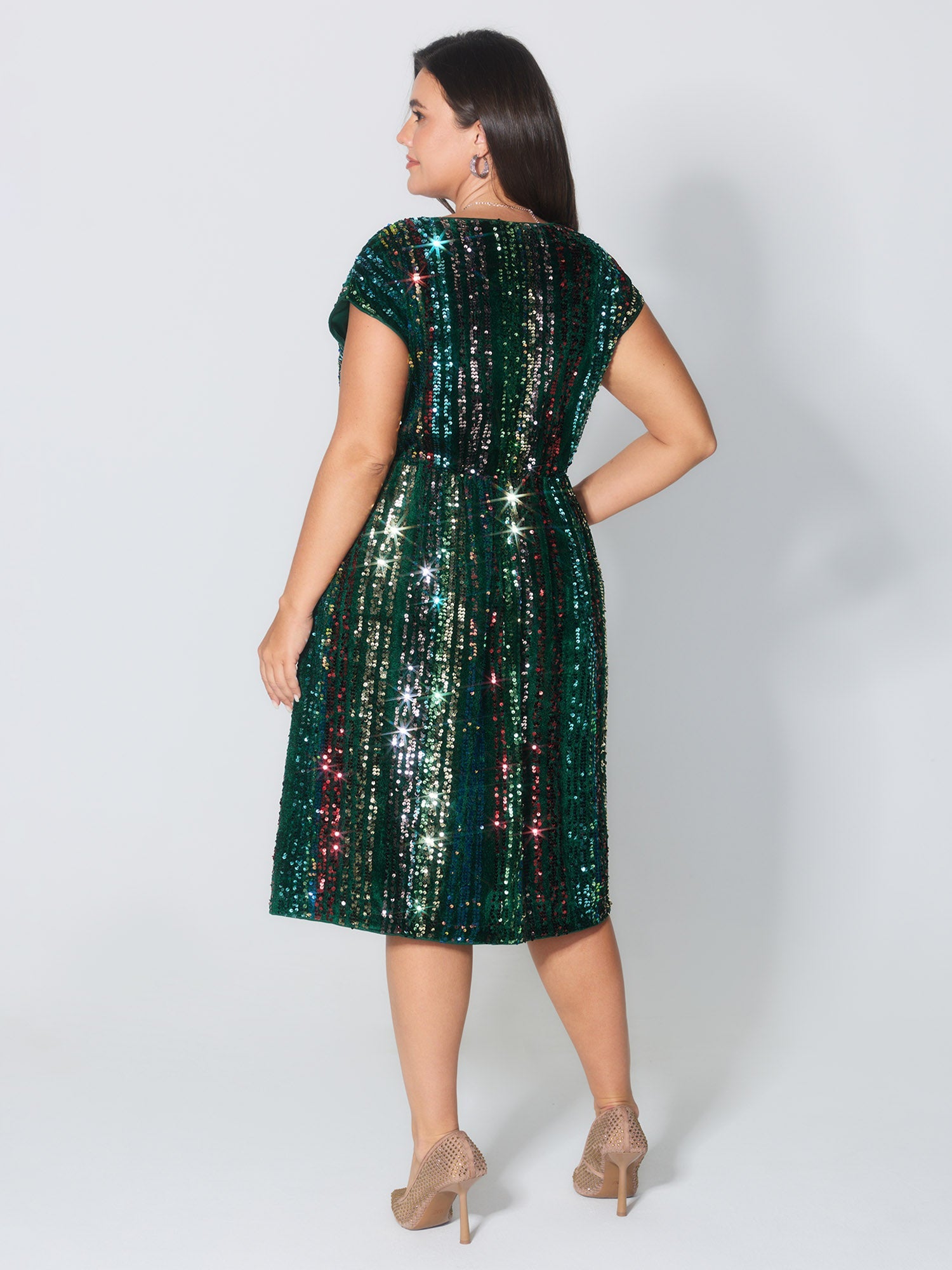 Shimmery Sequin Stripe Cinched-Waist Midi Dress