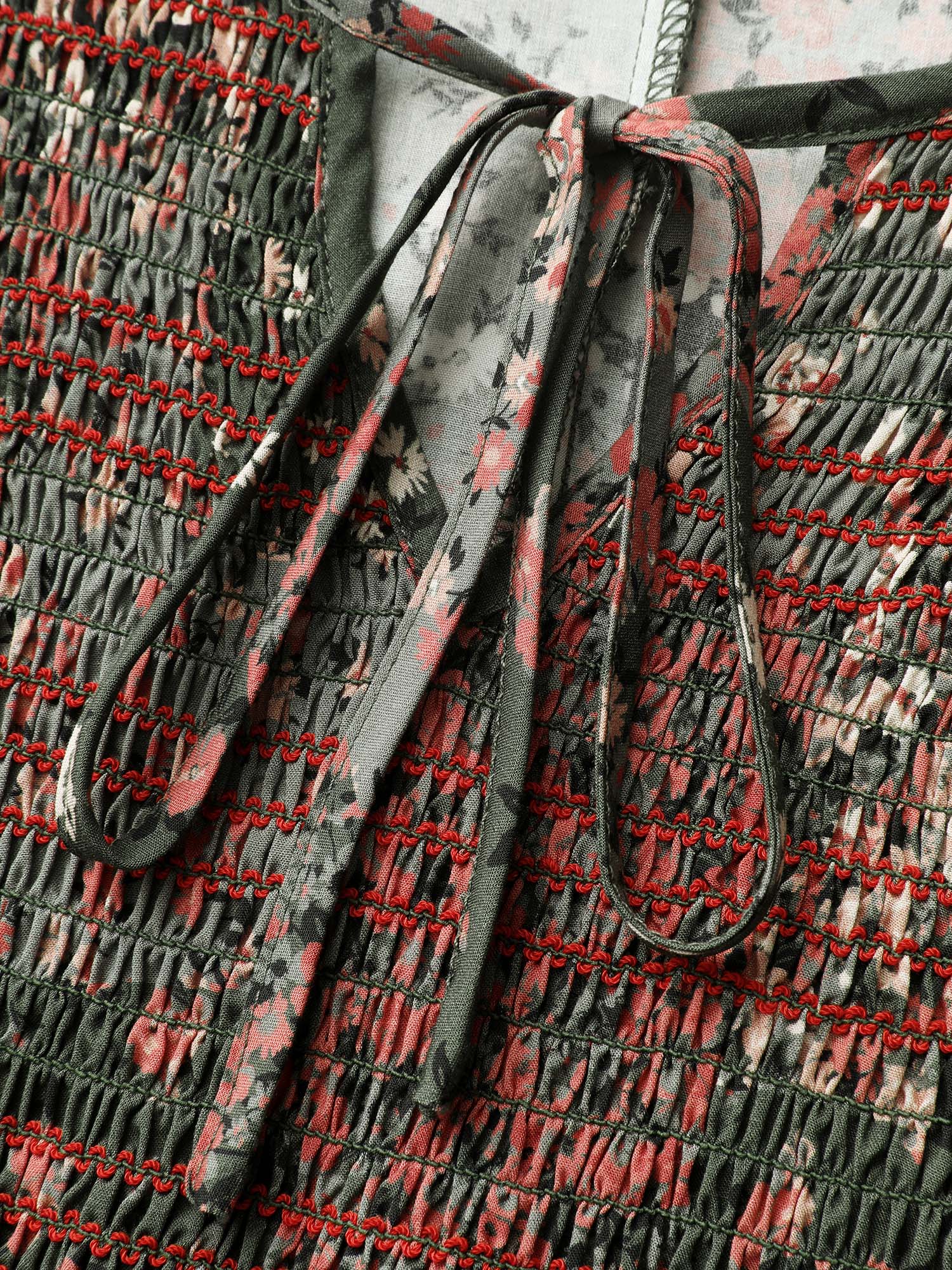 Floral Patchwork Shirred Pockets Midi Dress