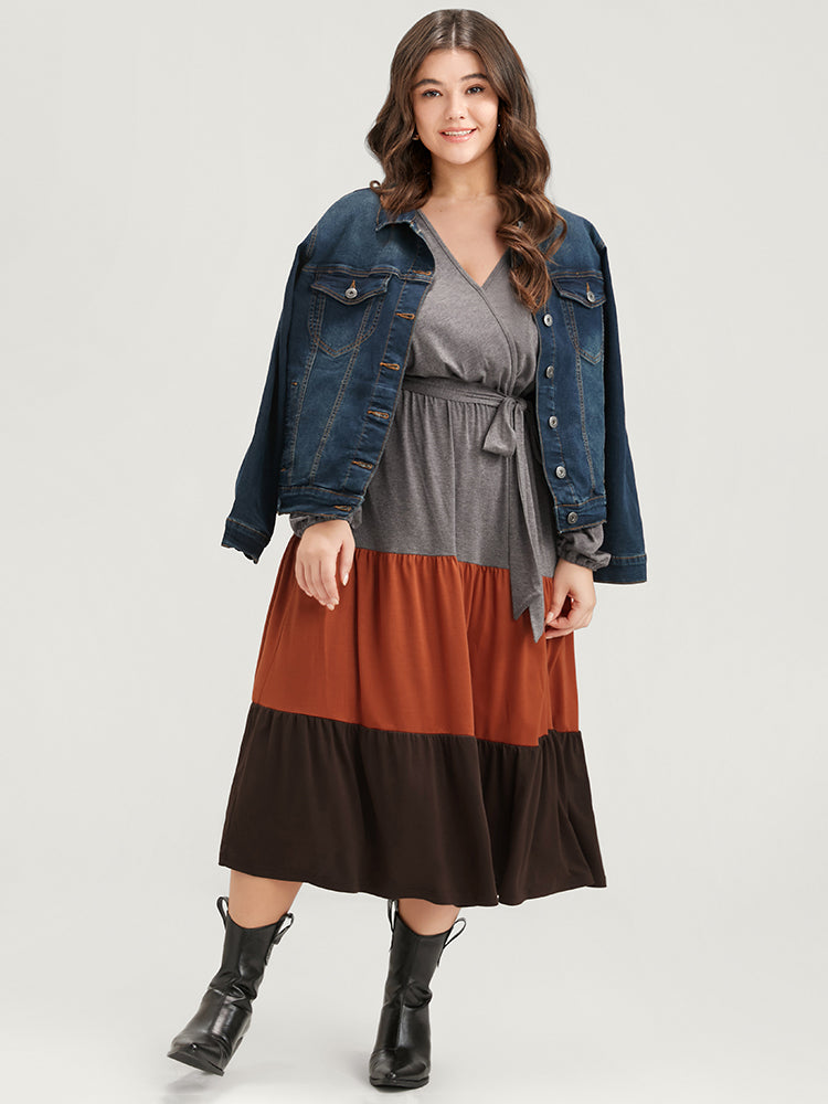 Colorblock Contrast Pocket Wrap Belted Ruffle Tiered Dress