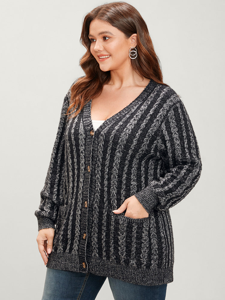 Striped Contrast Pointelle Knit Pocket Button Front Heather Cardigan