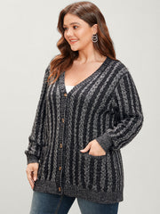 Striped Contrast Pointelle Knit Pocket Button Front Heather Cardigan