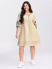Floral Embroidery Button Front Knee-Length Dress