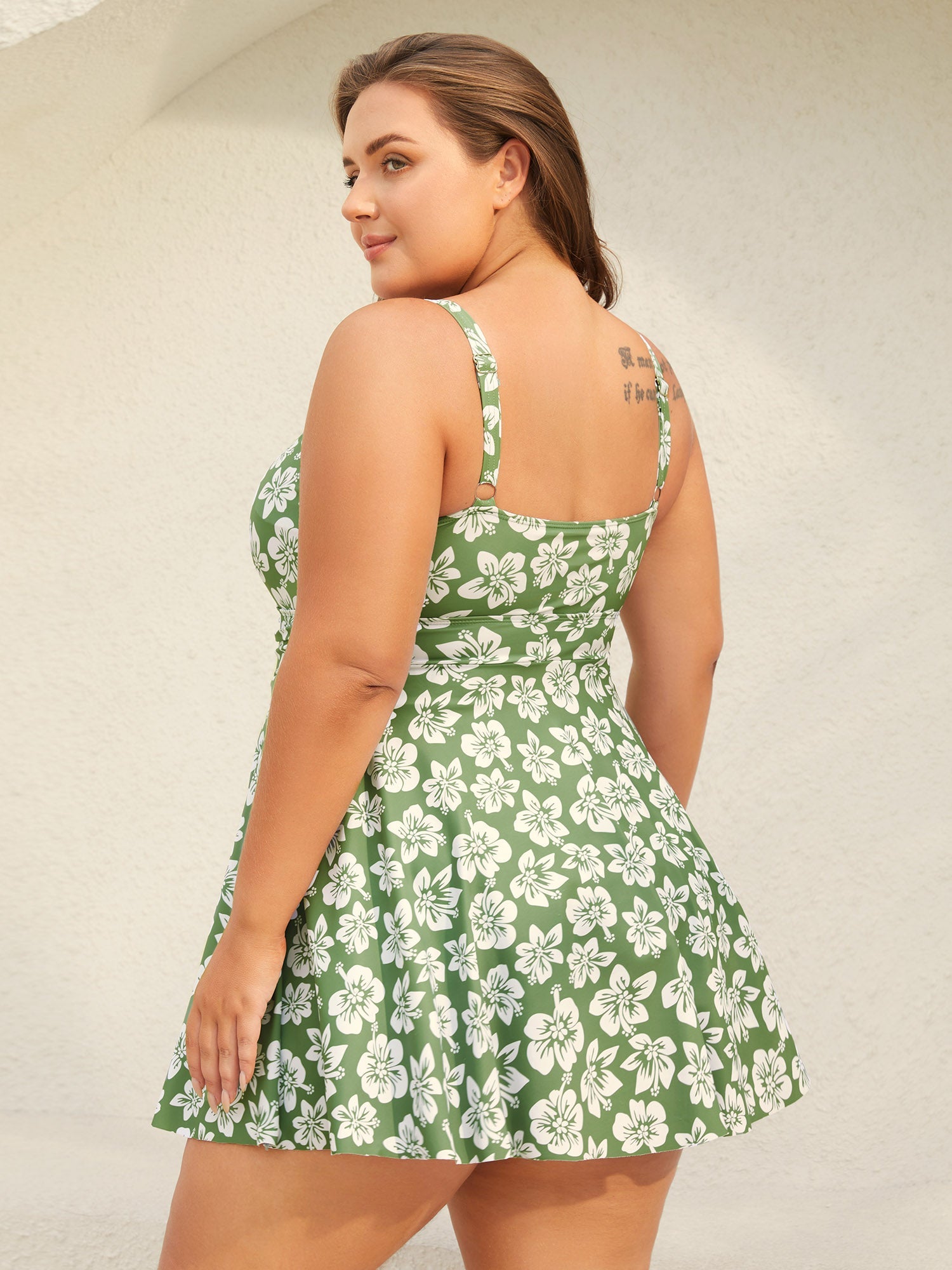 Serene Floral Pattern Pleated Swim Dress