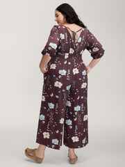 Floral Branch Print Shirred Waist Jumpsuit
