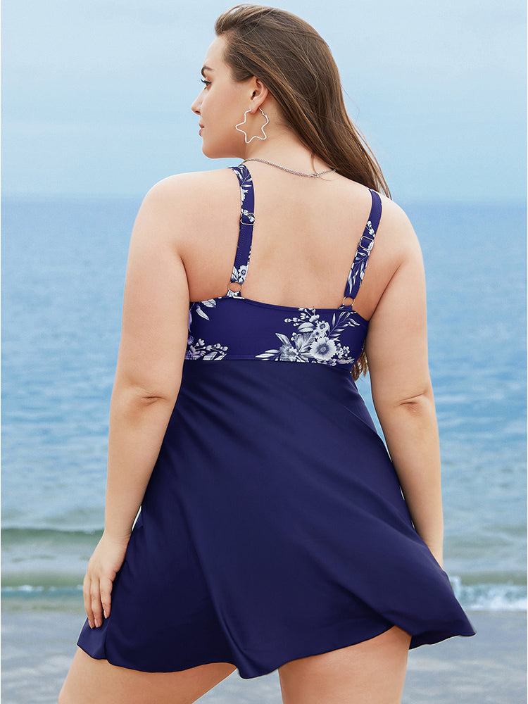 Floral Patchwork Knotted Front Split Swim Dress